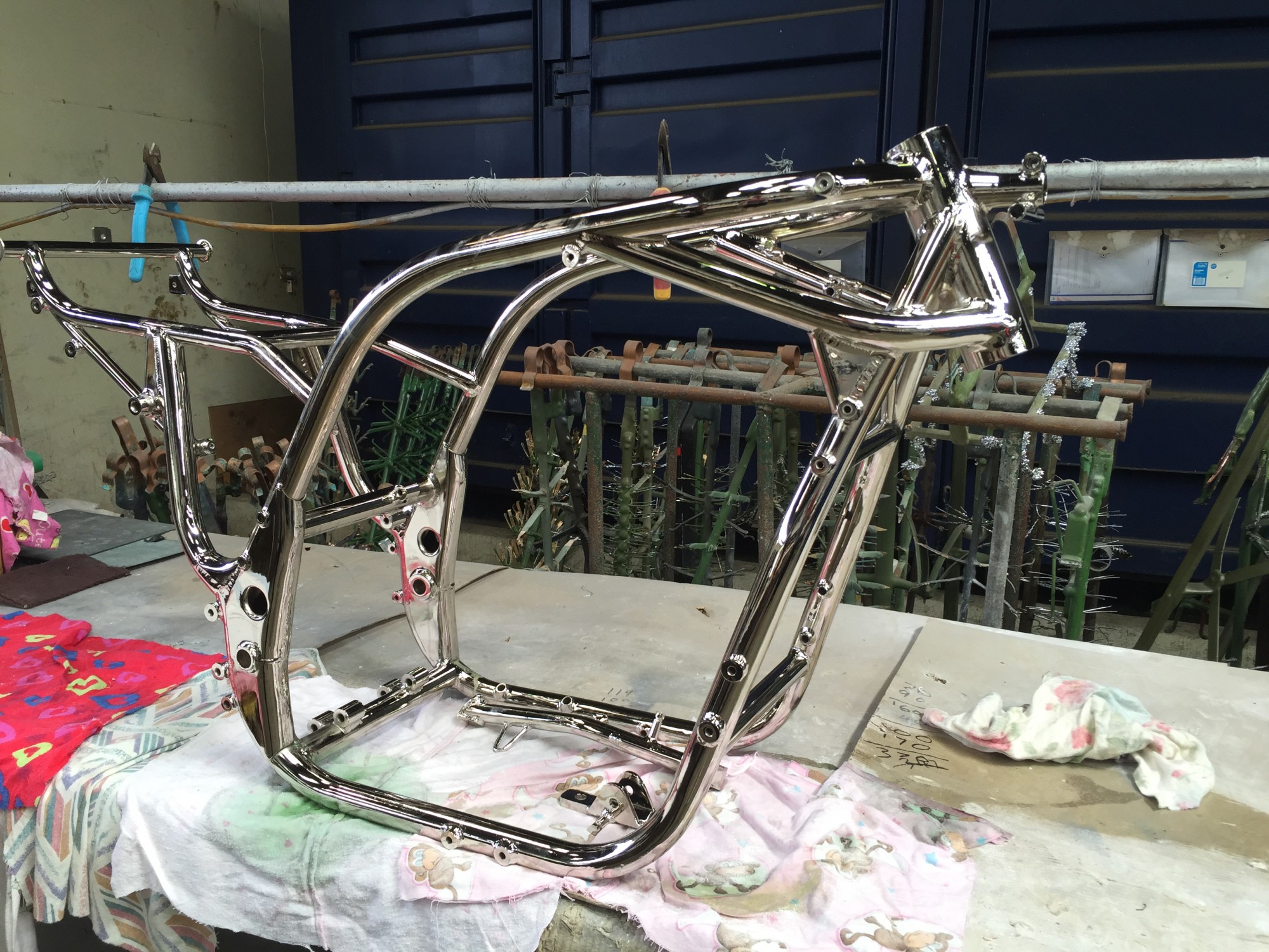 Full strip, mirror polished and nickel plated  Soft tail bike frame 